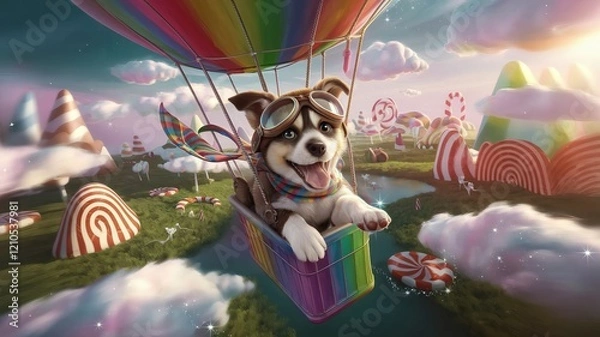 Obraz Whimsical Journey Puppy Soars Over Candyland in a Hot Air Balloon