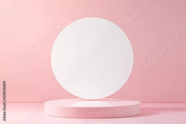 Fototapeta Minimalist composition featuring a large white circular shape hovering above a round platform in soft pink tones, creating a modern and elegant aesthetic with a focus on balance and simplicity