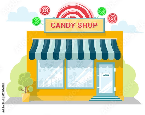 Fototapeta Facade candy store with a signboard, awning and products in shopwindow. Abstract image in a flat design. Front shop for concept brochure or banner. Vector illustration isolated on white background