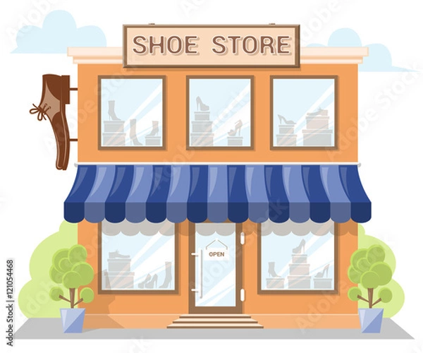 Fototapeta Facade shoe store with asignboard, awning and products in shopwindow. Abstract image in a flat design. Front shop for Concept brochure or banner. Vector illustration isolated on white background
