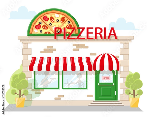 Fototapeta Facade pizzeria with a signboard, awning and silhouettes people in shopwindow. Image in a flat design. Front shop for Concept brochure or banner. Vector illustration isolated on blue background