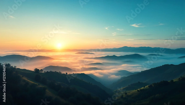 Fototapeta a stunning sunrise illuminating rolling hills and a sea of clouds, creating a breathtaking natural vista