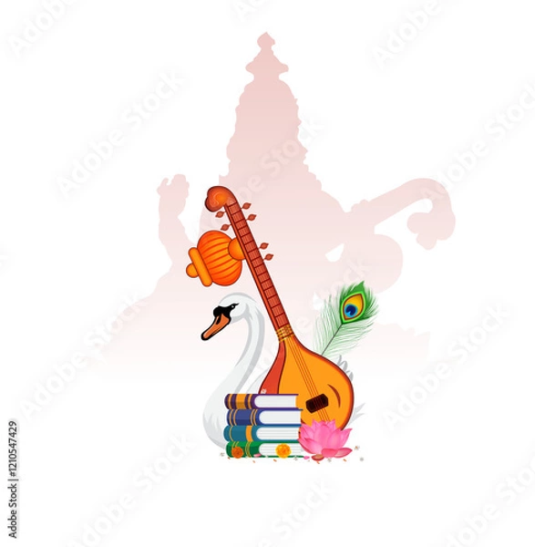 Fototapeta Vasant Panchami, saraswati puja Poster, Indian classical music instruments and symbols