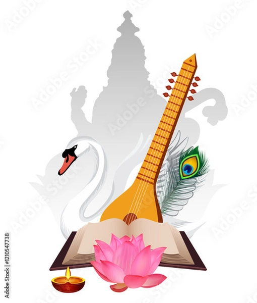 Fototapeta Vasant Panchami, saraswati puja Poster, Indian classical music instruments and symbols