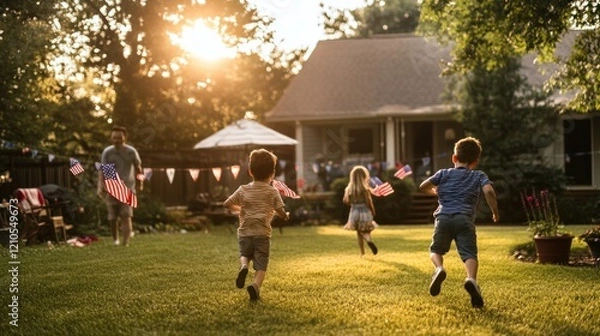 Fototapeta A candid moment of a family in their backyard celebrating Flag Day, with children running with small American flags and parents setting up decorations. The joyful atmosphere is complemented 