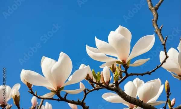 Fototapeta   A vibrant magnolia tree in full bloom, showcasing intricate petal details, textured bark, and delicate spring colors set against a serene blue sky.