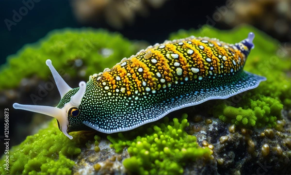 Fototapeta   A vibrant macro photograph capturing a sea slug's intricate texture as it gracefully crawls across an algae-covered rock.
