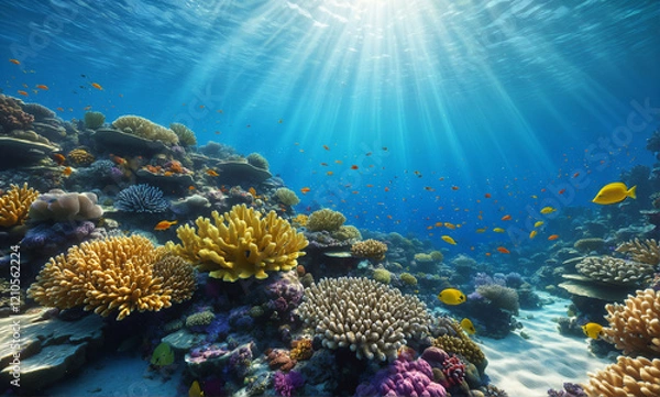 Fototapeta   A stunningly realistic underwater scene featuring a vibrant coral reef teeming with various fish species. The intricate coral textures and finely detailed fish scales create a highly immer