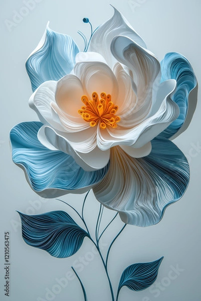Obraz Abstract floral sculpture, layered paper art, white and blue tones, elegant curves, delicate details, high resolution, white background. Generative AI