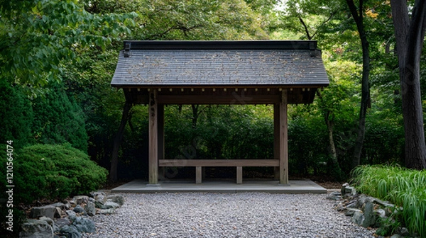 Fototapeta Serene Japanese Pavilion Amidst Dense Green Forest and Gravel Pathway : Generative AI
