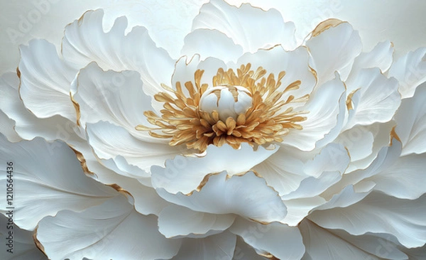 Obraz A large, intricately detailed white flower with layered petals and golden accents, set against a soft, light background. Generativ AI