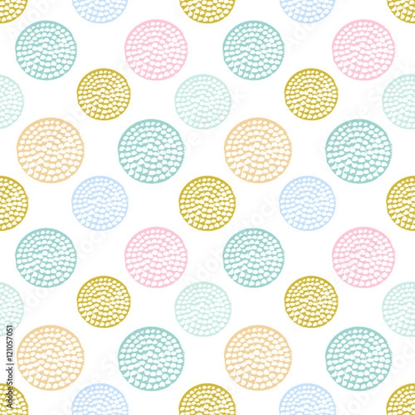 Fototapeta Colorful grunge abstract seamless pattern with different shabby round shapes - circles, rings. Dotted, infinity textured circles background. Vector illustration