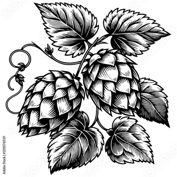 Obraz Hops Plant Leaves engraving vector illustration
