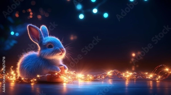 Fototapeta Festive blue rabbit surrounded by sparkling lights. Generative AI