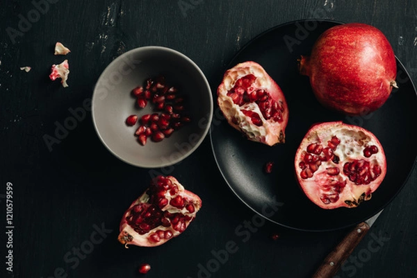 Obraz Fresh pomegranates on a dark background.