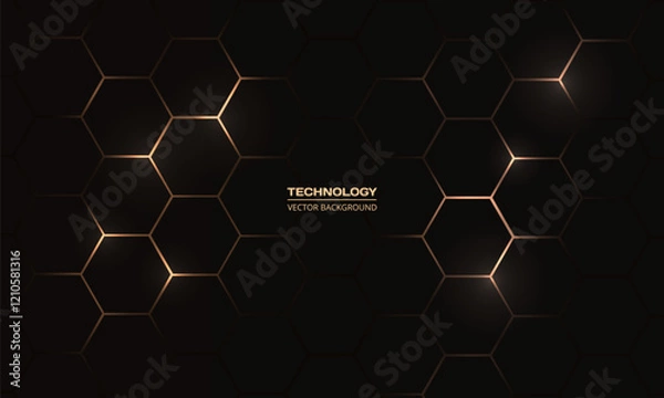 Fototapeta Hexagon technology black and gold colored honeycomb abstract background. Vector illustration