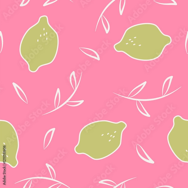 Fototapeta cute colorful hand drawn seamless vector pattern illustration with abstract white branches and green lime on pink background