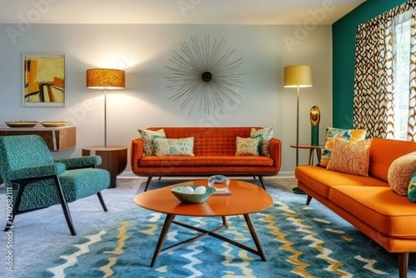 Fototapeta A mid-century modern living room featuring retro furniture, bold patterns, and a vibrant color palette of orange and teal