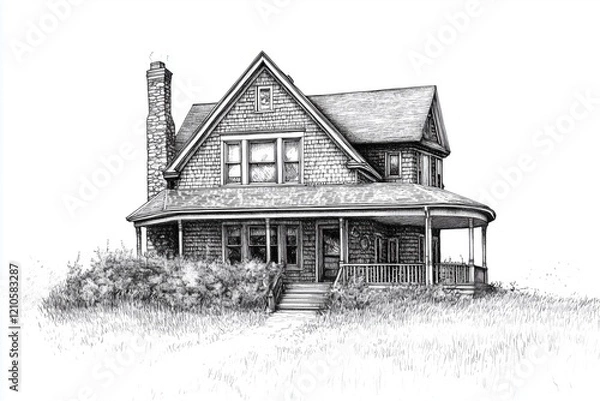 Fototapeta A detailed black and white illustration of a vintage Shingle style house with a porch, surrounded by tall grass and bushes. The house features a steep roof, multiple windows, and a stone chimney.