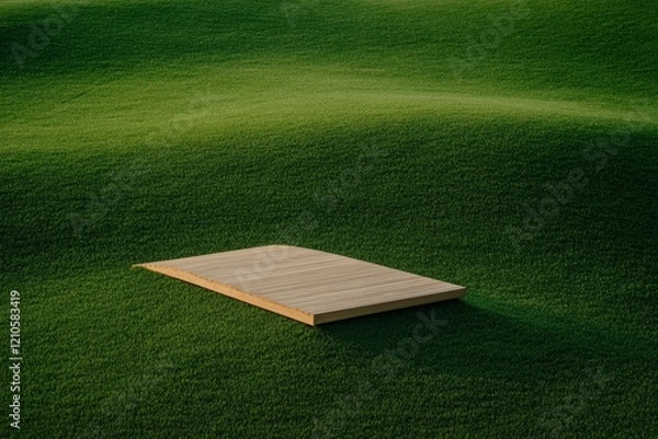 Fototapeta Scandinavian Urban Minimalism in Public Spaces Simple Wooden Walkway on Lush Grass - Sustainable Park Design for Modern Eco-Friendly Architecture and Urban Aesthetic Enhancement