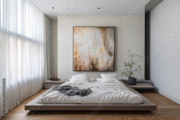 Fototapeta A modern minimalist bedroom with low-profile furniture, soft neutral colors, and a large abstract painting as the focal point
