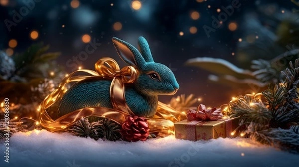 Fototapeta Winter Bliss with a Green Wooden Hare and Glimmering Lights. Generative AI