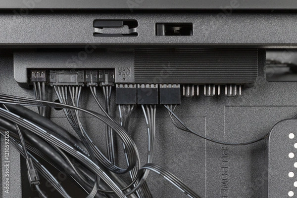 Fototapeta Side view of empty  big tower, PC case, chassis, without right  metal panel. Close up upper part with cables and connectors. One-Stop PWM fan hub conveniently