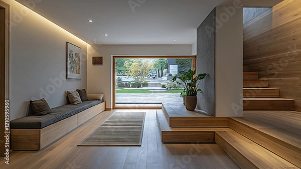 Fototapeta Stylish minimalist entryway design with essential storage and natural lighting