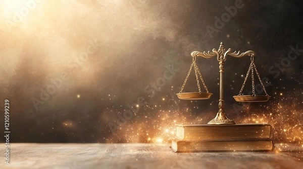 Fototapeta Golden scales of justice atop books with ethereal lighting in the background.