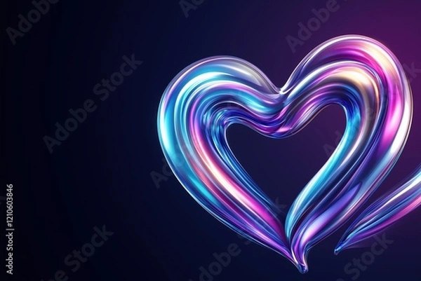 Fototapeta Futuristic heart-shaped metallic design in iridescent colors on a dark background. Modern abstract concept of love and technology.