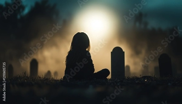 Fototapeta A young girl sits quietly among tombstones in a graveyard under the glowing light of dusk. The atmosphere is somber, with patches of fog adding a touch of mystery to the scene.
