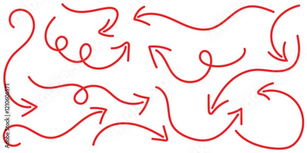 Fototapeta A collection curved arrow icons designs. Simple red curved hand drawn arrows. Curly arrow icons set. Vector illustration.