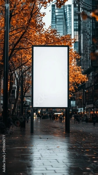 Fototapeta A large blank billboard is positioned in the middle of a vibrant city street with static camera. Surrounding trees display golden leaves as pedestrians stroll by during early evening.