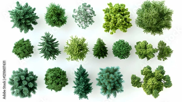 Fototapeta Set of pine tree top view 3D illustrations for architecture and landscape plans.illustration
