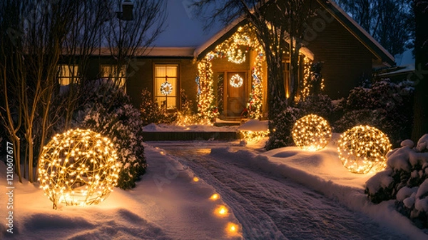 Fototapeta Setting up outdoor Christmas lights on a snowy front yard, with glowing decorations and a warm, festive ambiance