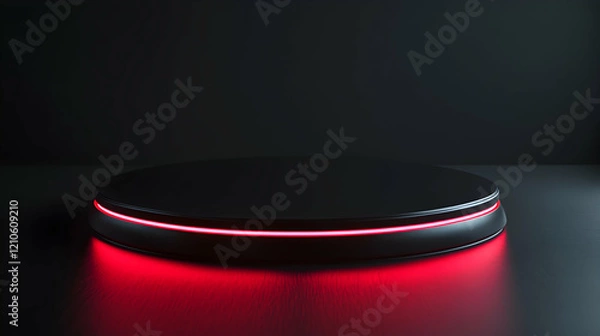 Fototapeta Sleek black circular platform illuminated by red LED lights, creating a minimalistic yet futuristic ambiance