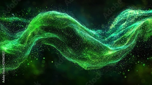 Fototapeta Green energy wave, dark bokeh background, abstract, digital art