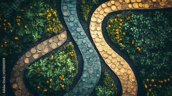 Fototapeta Symbolic photo of multiple income streams represented by diverging pathways leading to wealth