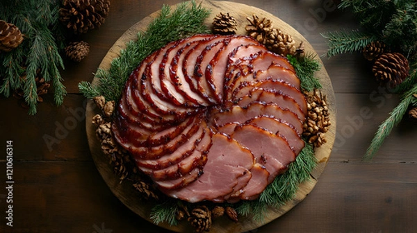 Fototapeta Top view of beautifully arranged platter of sliced black forest ham on rustic wooden tray for food photography.illustration