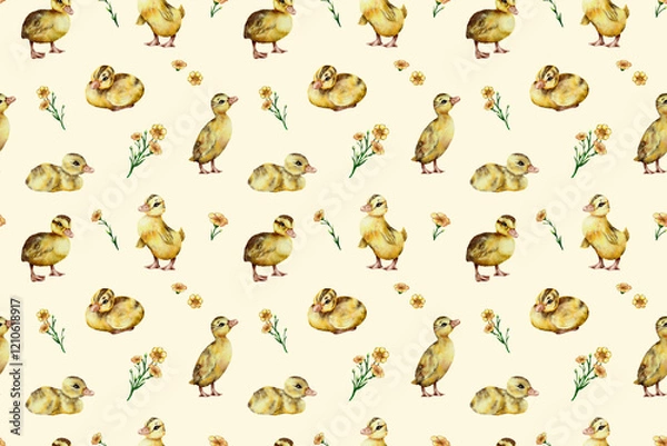Fototapeta seamless watercolor pattern. Watercolor funny ducklings