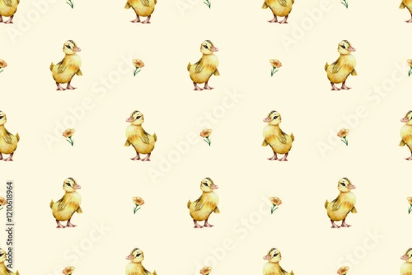 Fototapeta seamless watercolor pattern. Watercolor funny ducklings