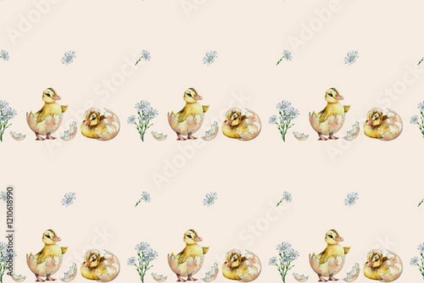 Fototapeta seamless watercolor pattern. Watercolor funny ducklings