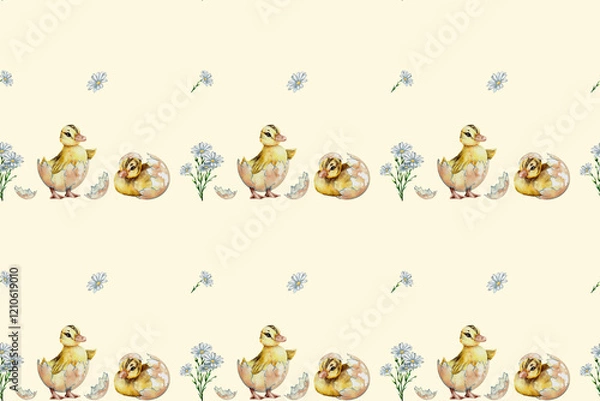 Fototapeta seamless watercolor pattern. Watercolor funny ducklings