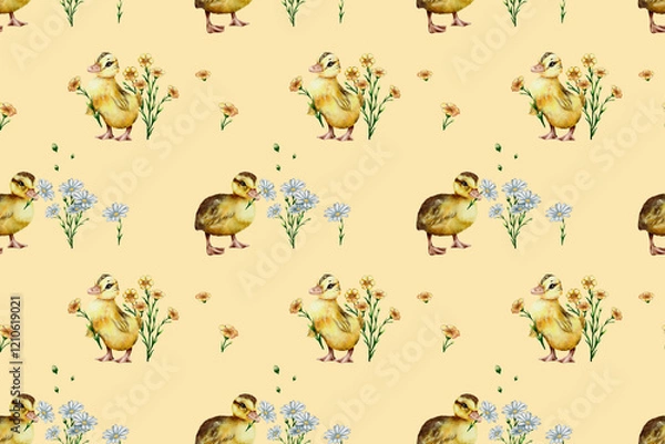 Fototapeta seamless watercolor pattern. Watercolor funny ducklings