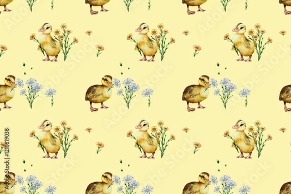 Fototapeta seamless watercolor pattern. Watercolor funny ducklings