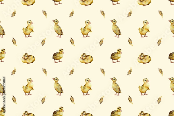 Fototapeta seamless watercolor pattern. Watercolor funny ducklings