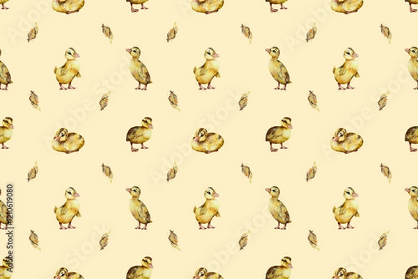 Fototapeta seamless watercolor pattern. Watercolor funny ducklings