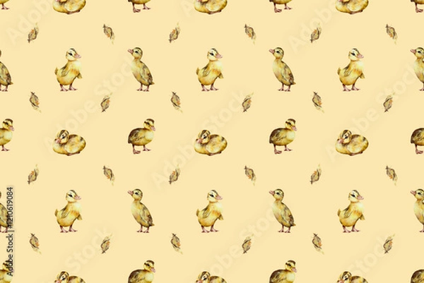 Fototapeta seamless watercolor pattern. Watercolor funny ducklings