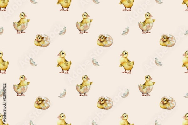 Fototapeta seamless watercolor pattern. Watercolor funny ducklings