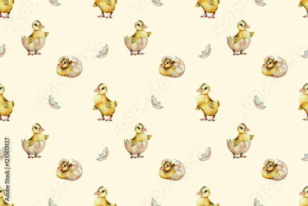Fototapeta seamless watercolor pattern. Watercolor funny ducklings